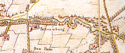 Palsenborg, aan de Lebbinkbeek bij Borculo, boerderij van n van de voorouders, en opgetekend op een topografische kaart in 1785-1787 (bron: Hottinger-atlas)