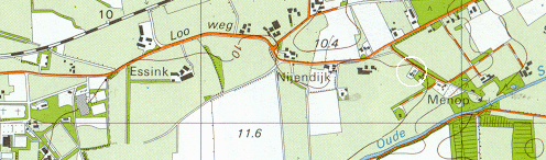 Kaart van gebied oostelijk van Bathmen, met de boerderij Nijland in de witte cirkel.